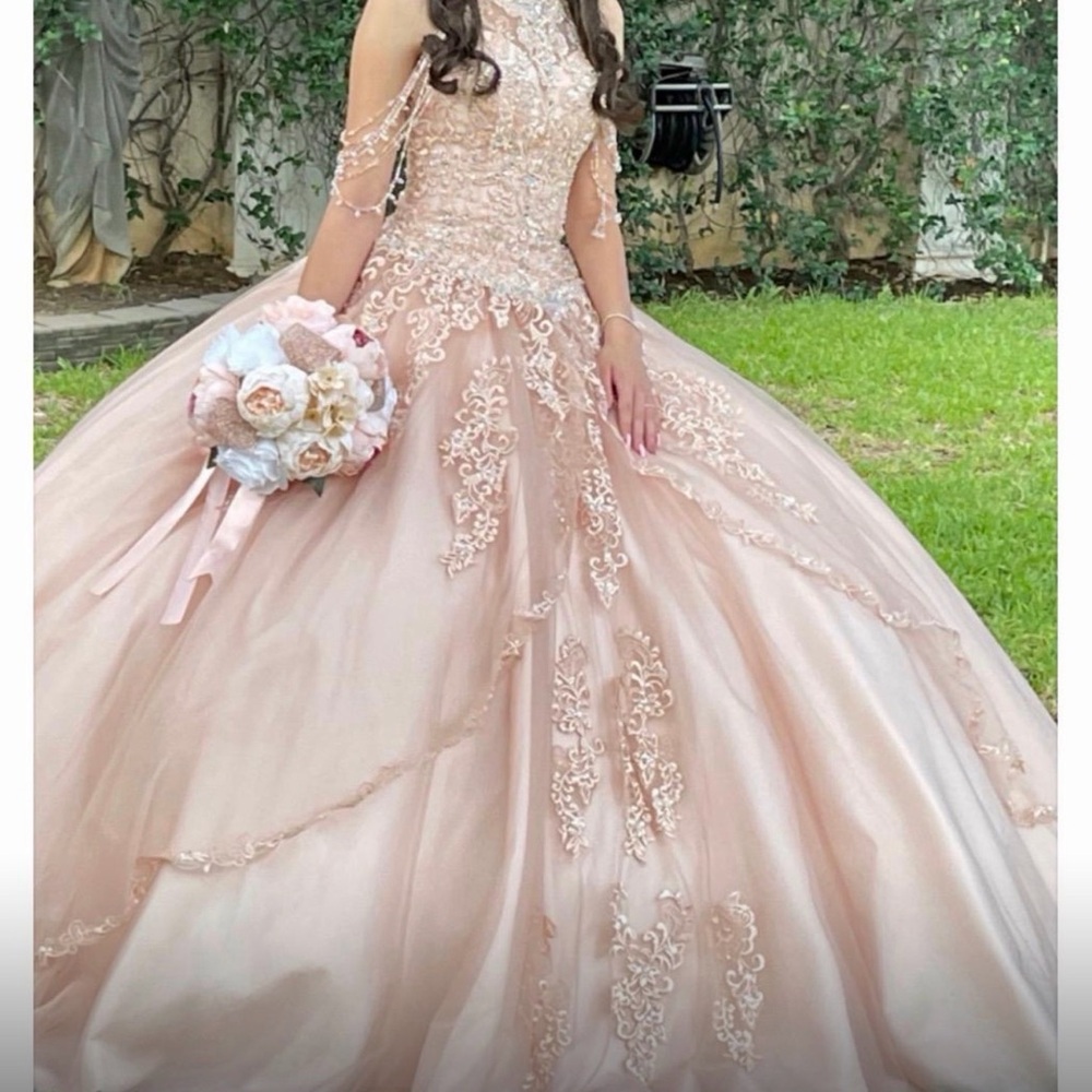 Elegant Pink Ball Gown with Floral Embroidery